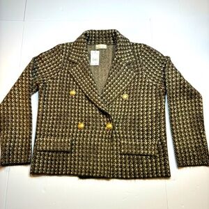 Be Cool Double Breasted Herringbone Brown Cream Cardigan M/L Gold Buttons